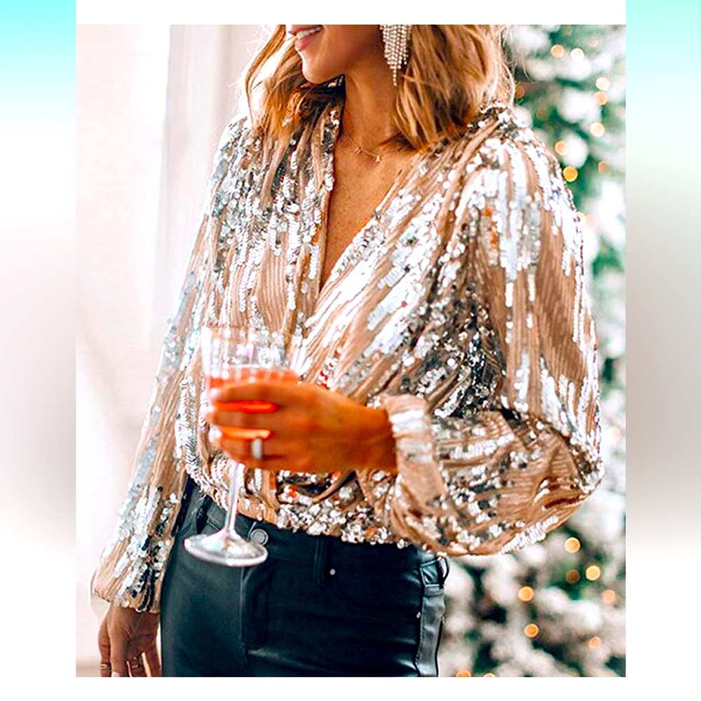 Women's Sequin Wrap V Neck Bishop Sleeve Blouse Shirt Sparkle Shimmer Shiny